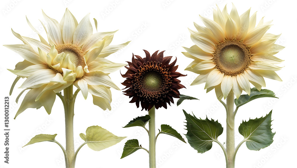 Fototapeta premium Large and small sunflower with green leaf, soft lighting and realistic textures, isolated floral PNG on black backdrop