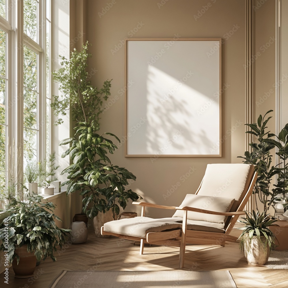 Sunlit room with armchair, plants, and blank canvas. Sunlit room with armchair, plants, and blank canvas.