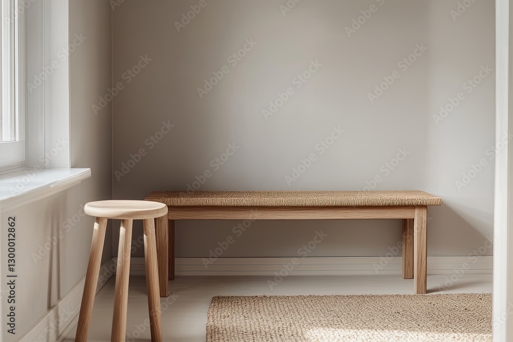 Fototapeta premium A minimalist interior featuring a bench and a wooden stool