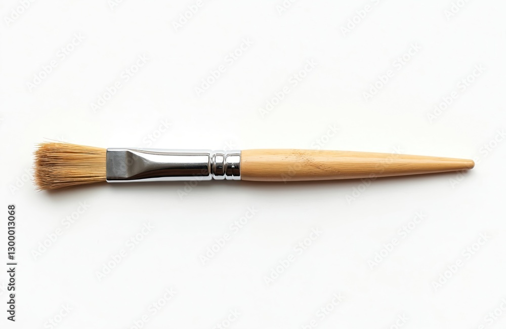 Isolated generic paint brush with timber handle. Wooden painter tool on white background for decoration, renovation, housework, art projects. Bristle brush, artist equipment for color painting, home Isolated generic paint brush with timber handle. Wooden painter tool on white background for decoration, renovation, housework, art projects. Bristle brush, artist equipment for color painting, home