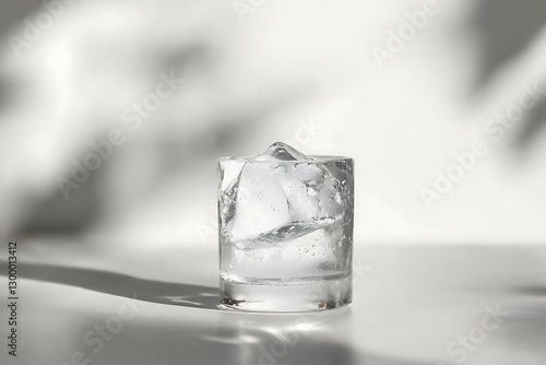 Refreshing glass of water with ice cubes in bright sunlight creating shadows with copy space