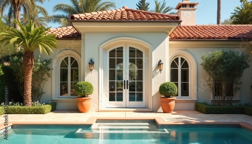 Classic double door with large glass panels, white frame in old Spanish style Los Angeles mansion. Red tile roof, terracotta pots. Swimming pool for luxury relaxation and rest.