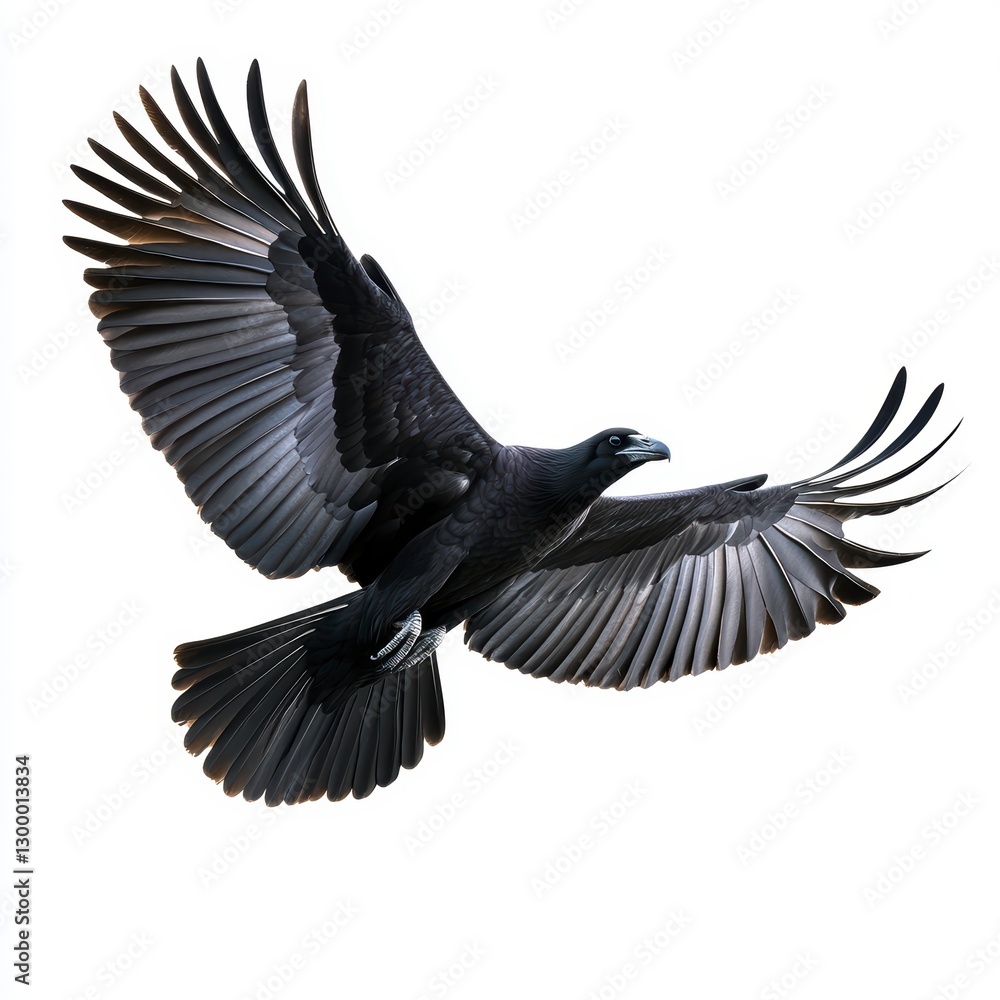 Fototapeta premium Black Bird in Powerful Flight Against White Background