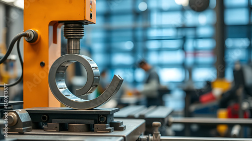 Metal products being bent on a bending machine, symbolizing precision and industrial transformation. A factory setting with a blurred modern background representing innovation and progress in manufact