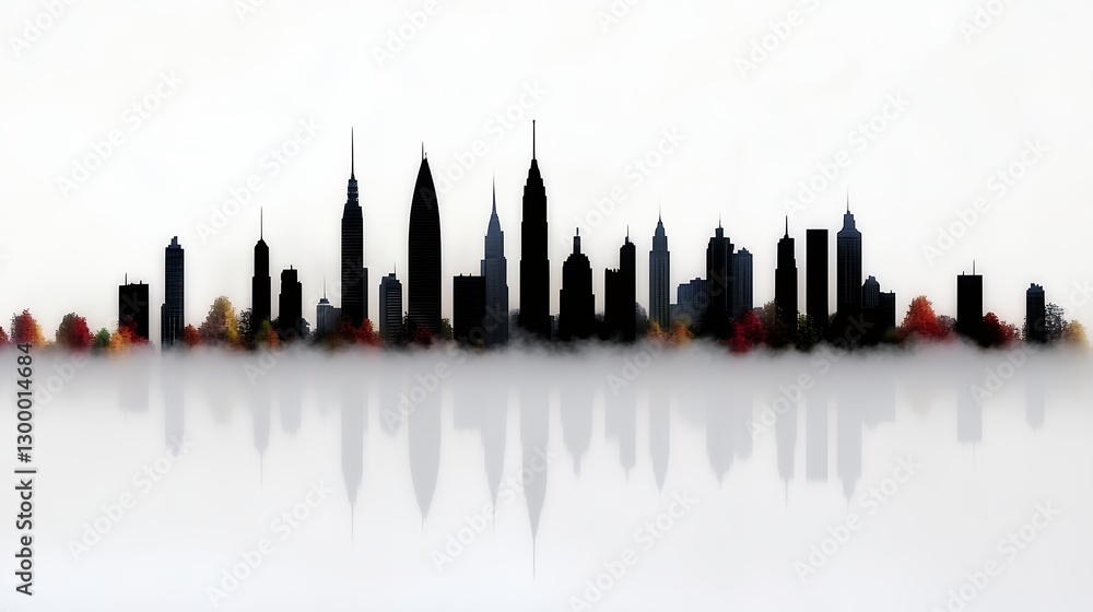 Naklejka premium Misty Silhouette Cityscape Skyline Autumn Leaves