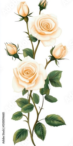 Delicate Cream Roses with Green Leaves on White Background
