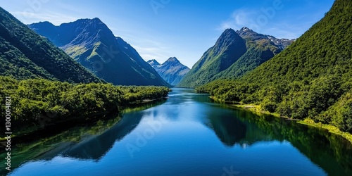 Glacial blue river winding through a lush mountain valley, towering peaks reflecting in the calm waters, pristine and untouched nature