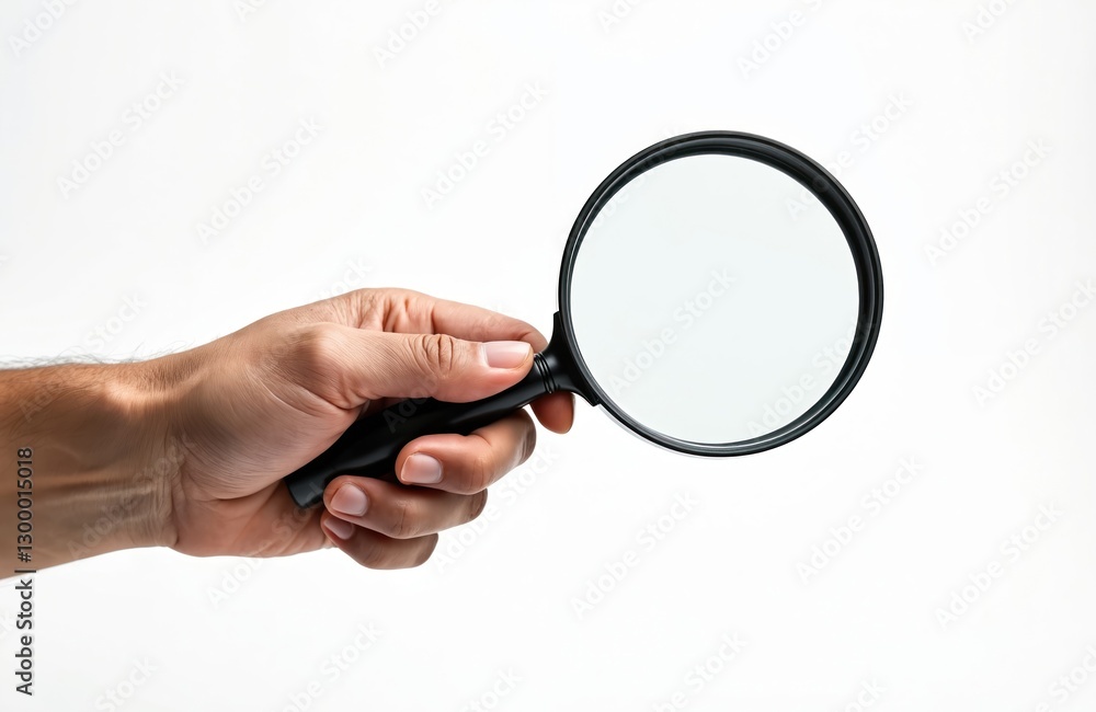 Hand holds metal magnifying glass isolated on white. Tool for search, find, zoom, analyzing. Concept of investigation, audit, detective work, crime, information, exploration, pro examination.