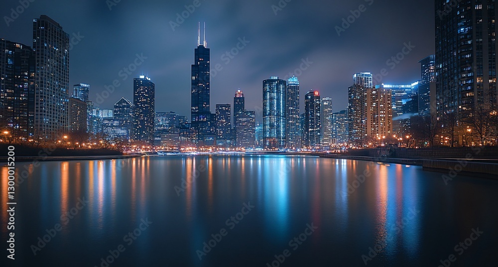 Fototapeta premium Night cityscape reflected in calm water, skyscrapers illuminated.