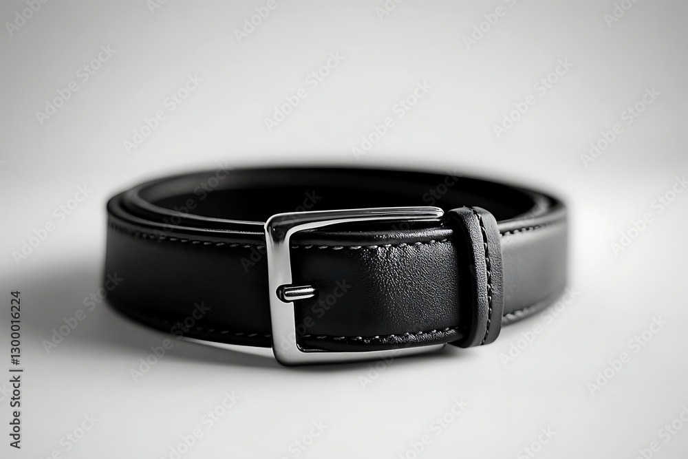 Elegant black leather belt with a shiny silver buckle on a white background for men's fashion Elegant black leather belt with a shiny silver buckle on a white background for men's fashion