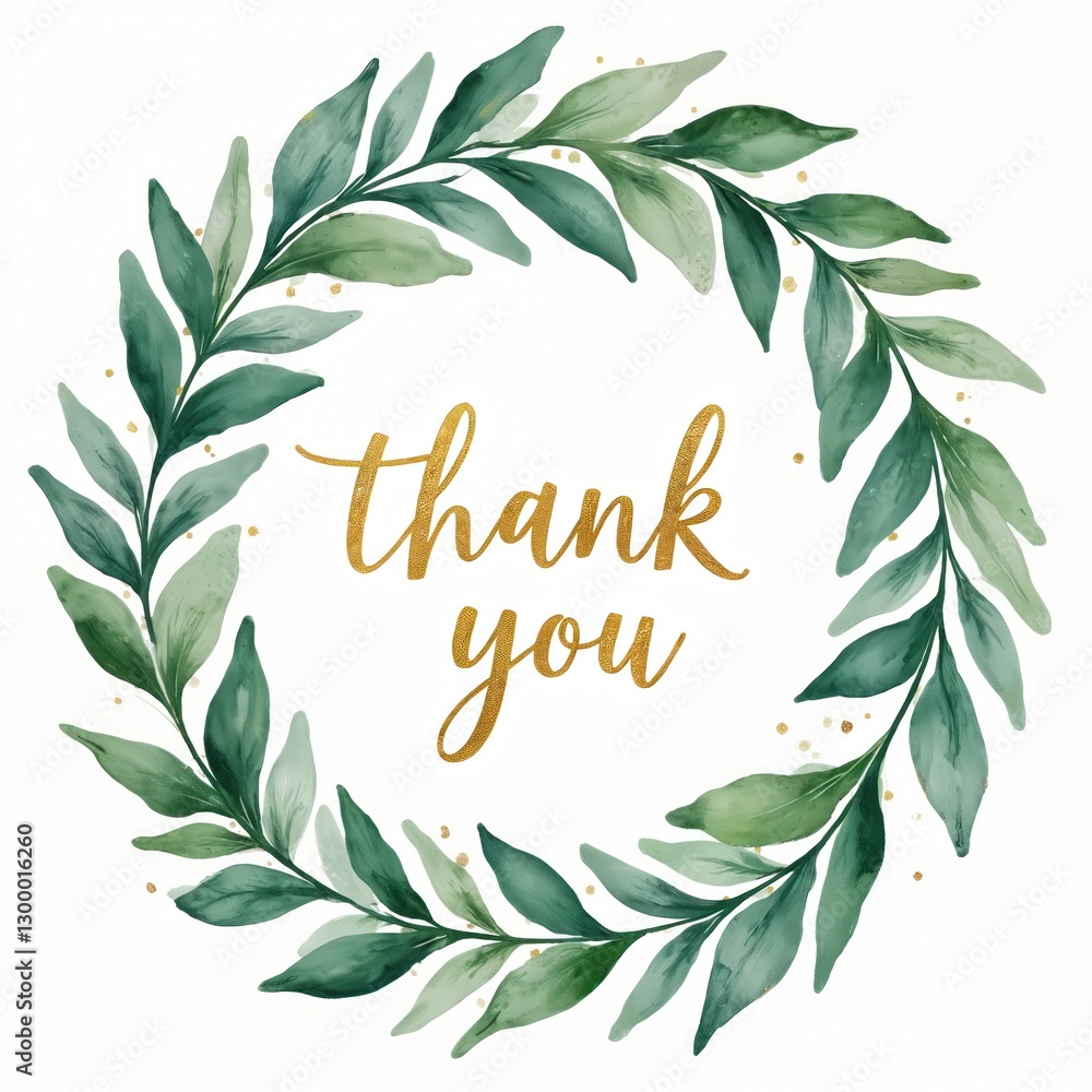 Watercolor thank you card in chaplet of lush green leaves with subtle gold accents on white background. Floral arrangement appreciation message. Delicate art nature elegant foliage design. Watercolor thank you card in chaplet of lush green leaves with subtle gold accents on white background. Floral arrangement appreciation message. Delicate art nature elegant foliage design.