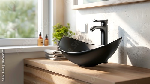 Modern bathroom, black vessel sk on wooden cabet near wdow, mimalistic faucet, copy space,