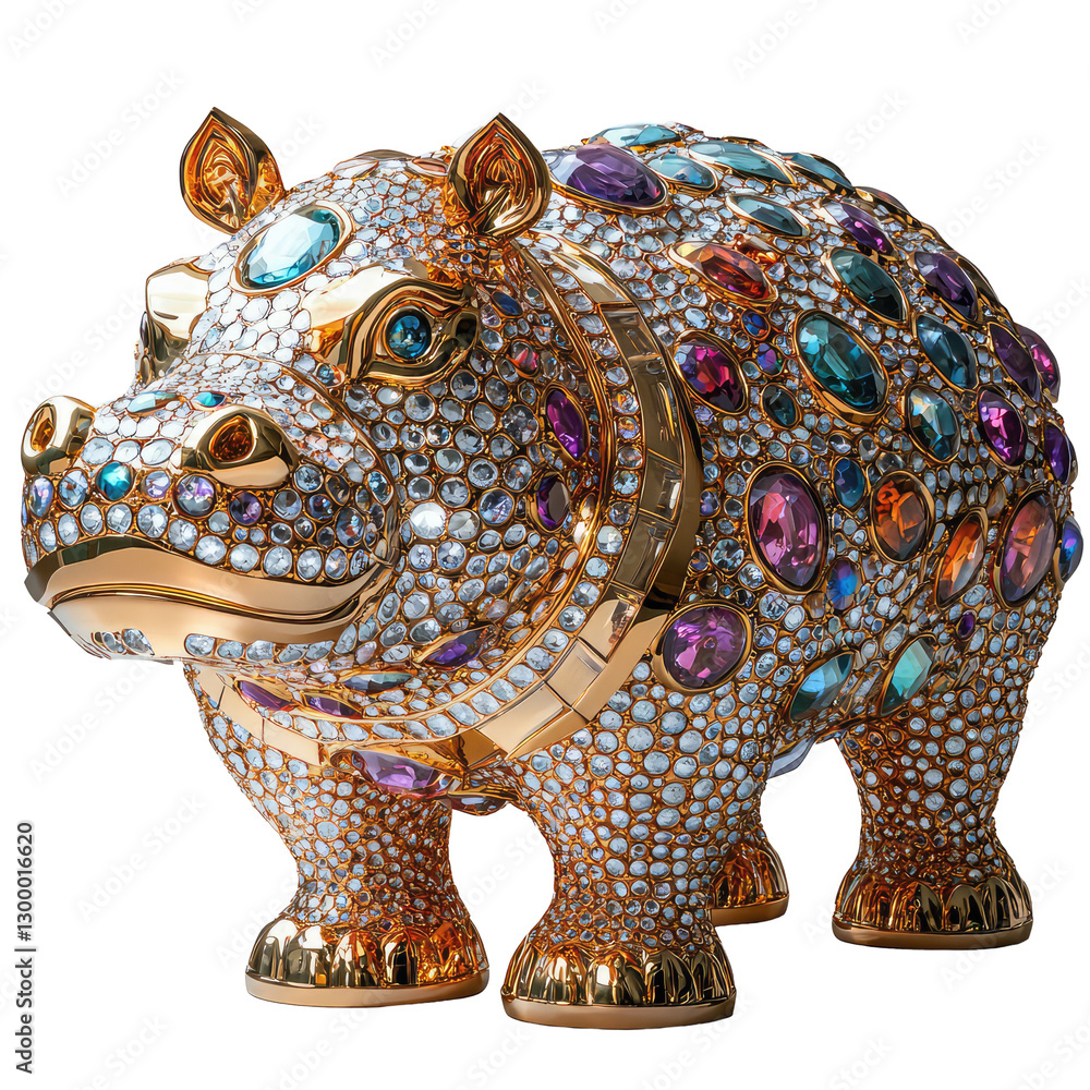 Obraz premium Shiny Gold Sculpture of Hippo Embellished with Colorful Gems and Sparkling Details