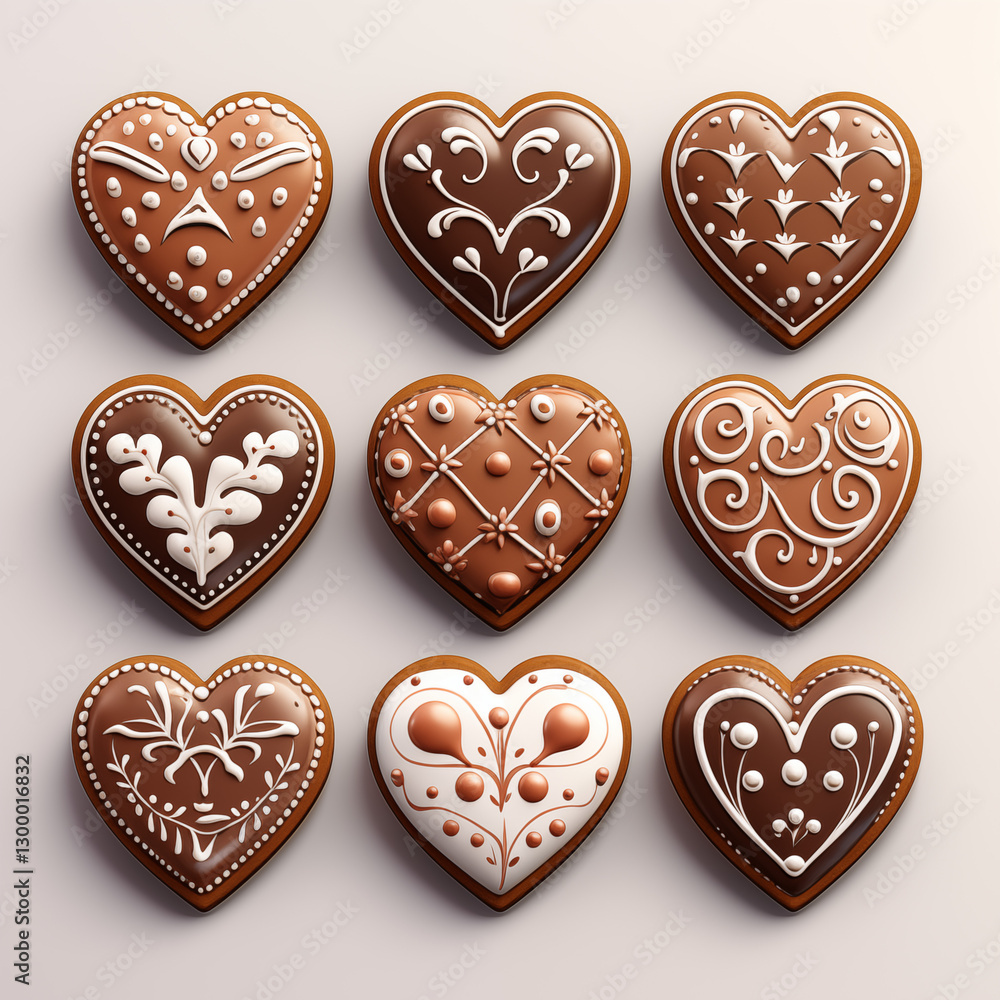 Set of gingerbread cookies in the shape of hearts, decorated with icing, 9 pieces, top view, white, powdered sugar, 3d color image on a white background, printable, without people, banner Set of gingerbread cookies in the shape of hearts, decorated with icing, 9 pieces, top view, white, powdered sugar, 3d color image on a white background, printable, without people, banner