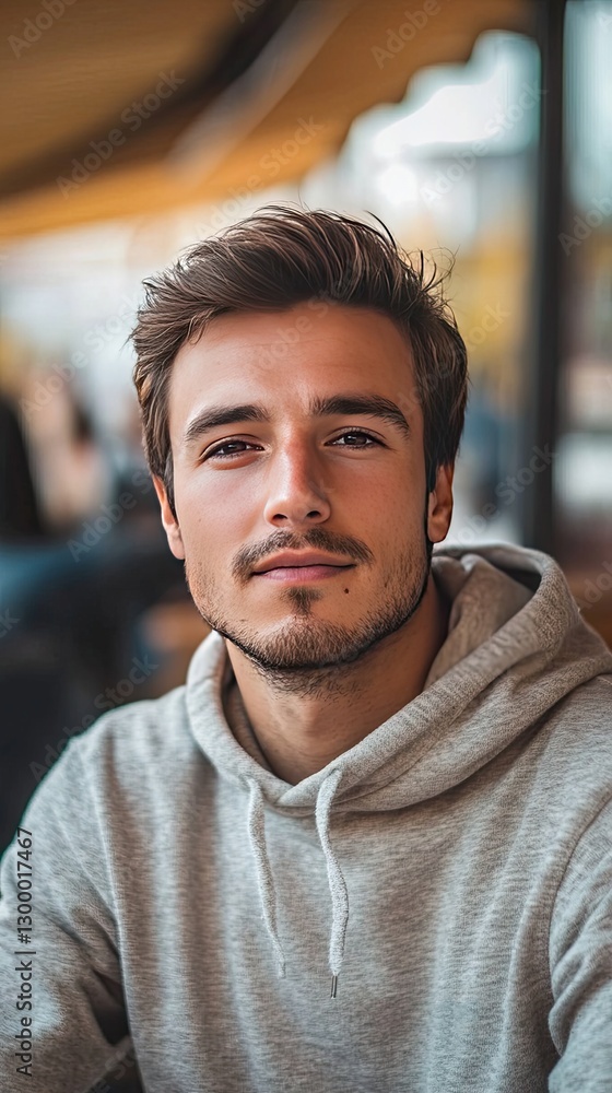Fototapeta premium A Handsome Young Man Wearing A Gray Hoodie Smiles