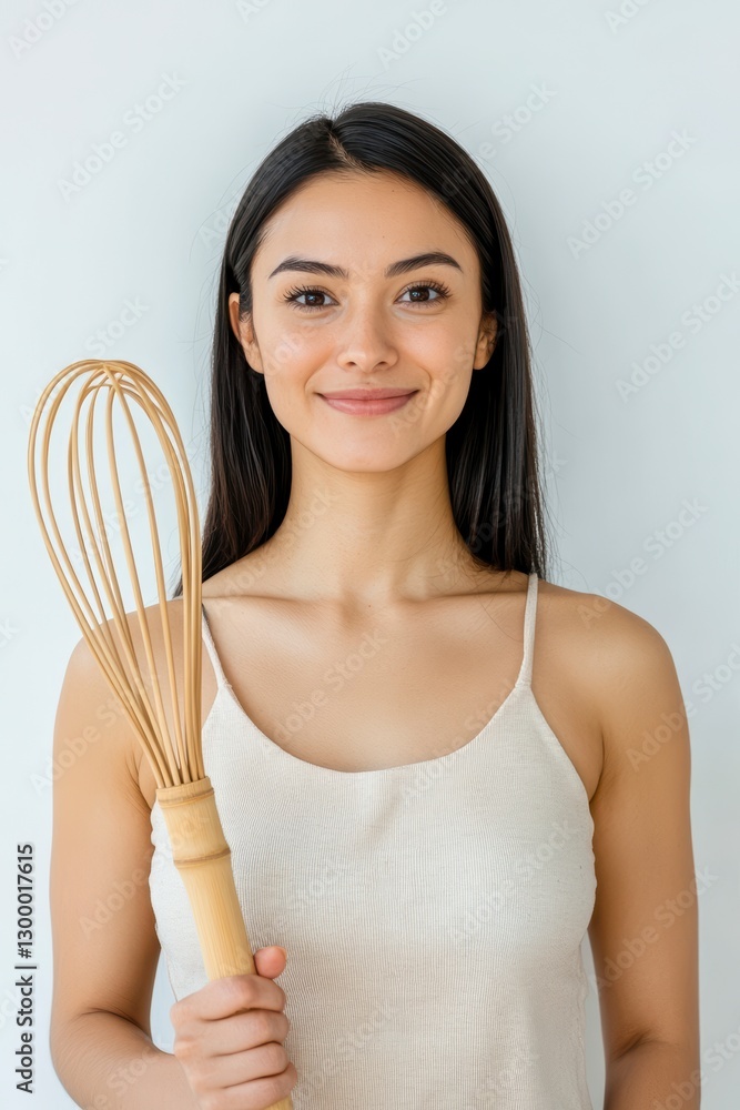 Smiling Young Woman Holding Bamboo Whisk Against White Background Smiling Young Woman Holding Bamboo Whisk Against White Background