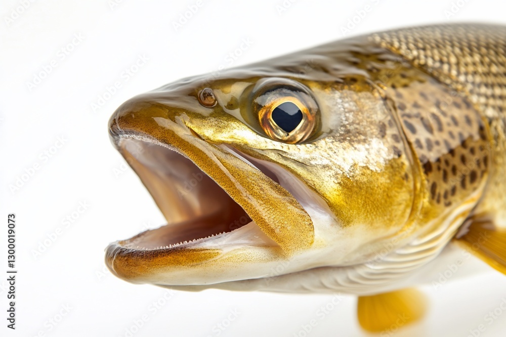 Close-up of a trout's head with open mouth, showing detailed textures and colors against a white background. Close-up of a trout's head with open mouth, showing detailed textures and colors against a white background.