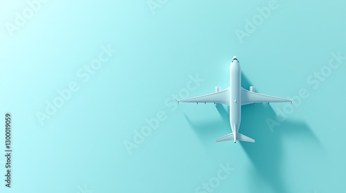 Isometric view of an airplane flying over a vast sky, soft shadows cast on the body of the aircraft, minimalist design with a light blue sky background, creating a peaceful, serene atmosphere