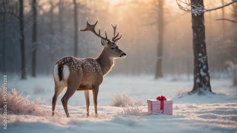 A deer stands in a snowy forest beside a gift box adorned with a red ribbon. A deer stands in a snowy forest beside a gift box adorned with a red ribbon.