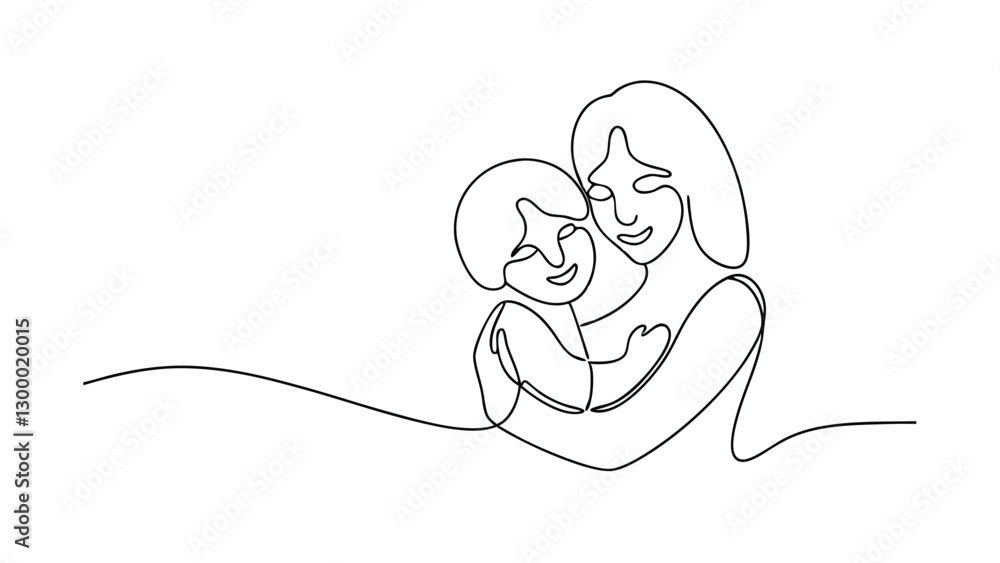 A singleline drawing depicts a mother lovingly embracing her child. Their faces are close, conveying warmth, affection, and a strong bond. The simple style emphasizes the emotional connection. A singleline drawing depicts a mother lovingly embracing her child. Their faces are close, conveying warmth, affection, and a strong bond. The simple style emphasizes the emotional connection.
