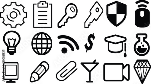A set of black and white icons for web design, including a key in the middle, a gear on the left side, a paper clip in the bottom right corner, a globe in the upper right-hand side.