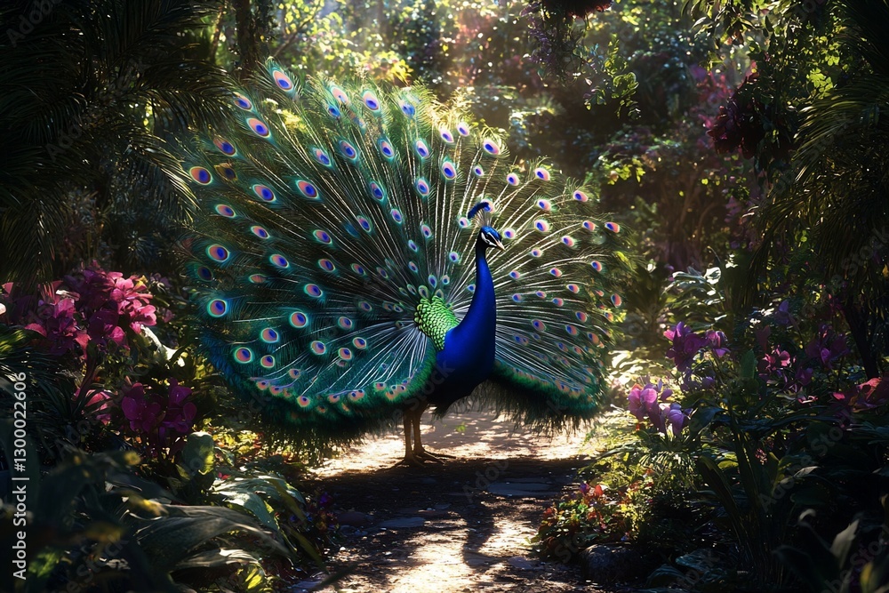 Obraz premium Majestic peacock displaying vibrant plumage in a lush, sun-drenched garden.