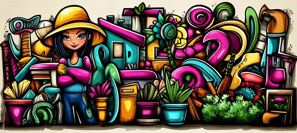 Obraz premium Cartoon illustration of a gardener amidst vibrant gardening tools, plants, and houses.
