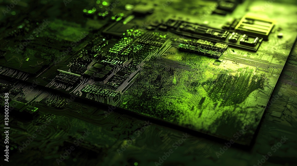 Fototapeta premium Green circuit board closeup, technology background, digital components, electronics, tech industry