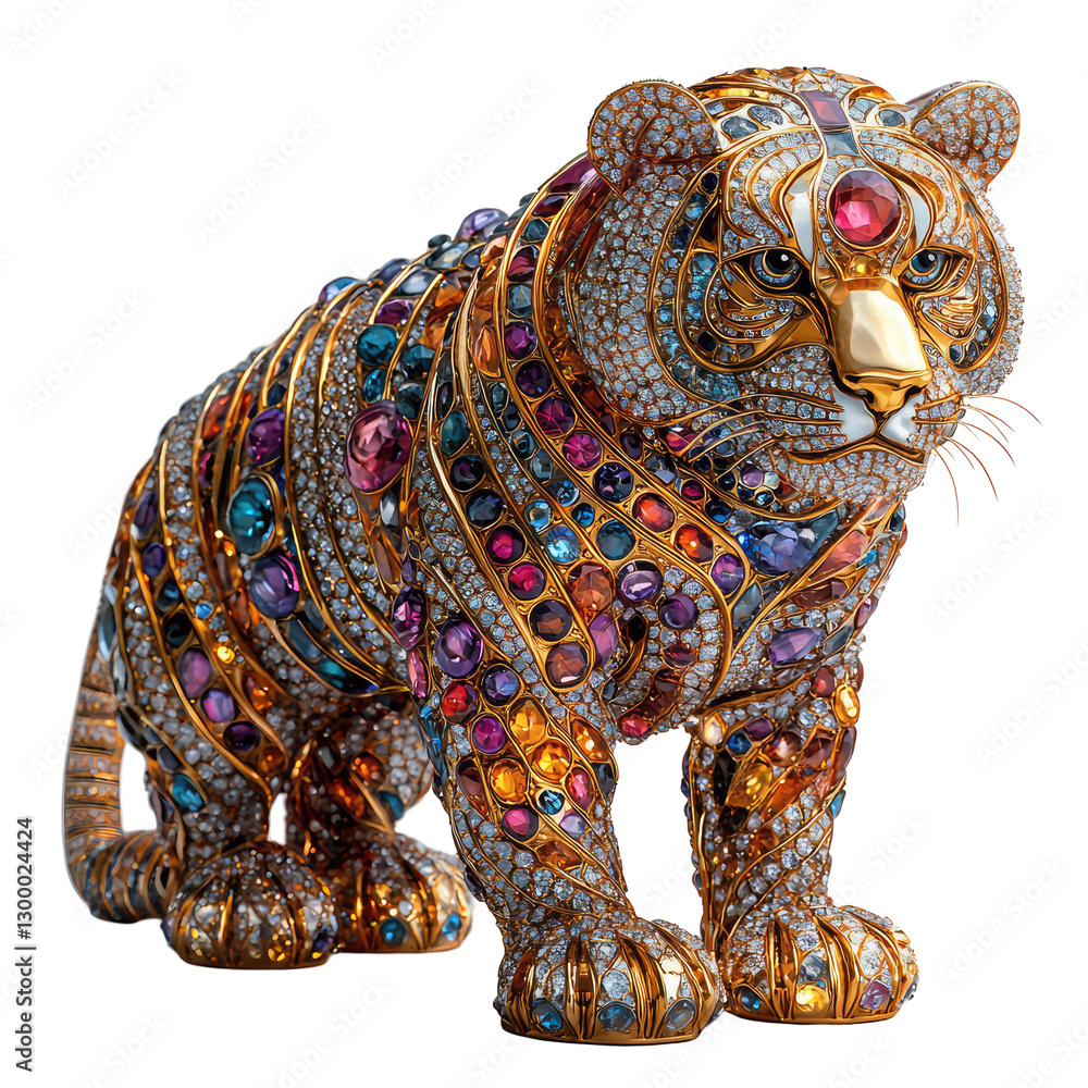 Fototapeta premium Shiny Gold Sculpture of a Colorful Tiger Adorned with Jewels and Gems Captivating the Eye