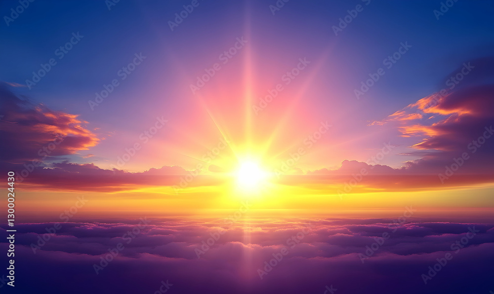 Obraz premium Vibrant sunrise above a sea of clouds, showcasing a breathtaking spectacle of color and light. Perfect for backgrounds or inspirational projects.