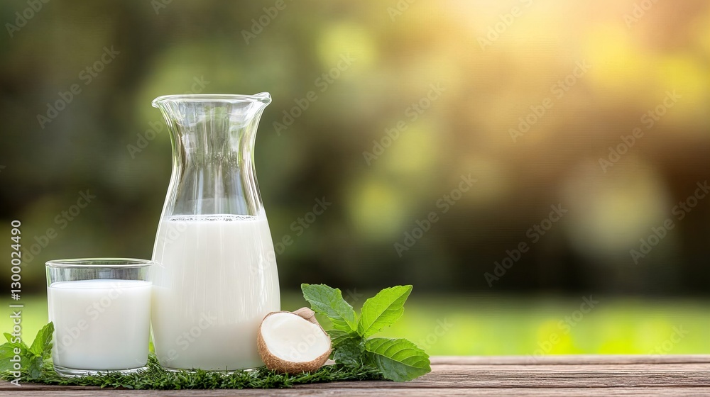 Fresh coconut milk in glass and jug with green leaves on wooden table outdoors Fresh coconut milk in glass and jug with green leaves on wooden table outdoors