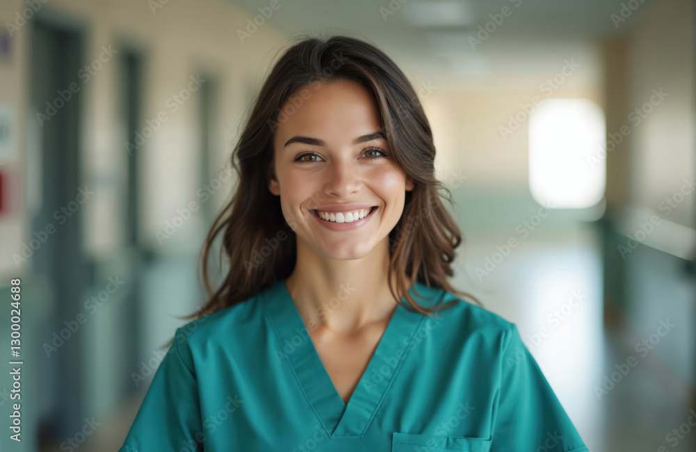Fototapeta premium Close-up portrait of young smiling nurse in green scrubs at hospital. Friendly professional woman medical staff. Health care worker, medicine employee in clinic or modern ward.