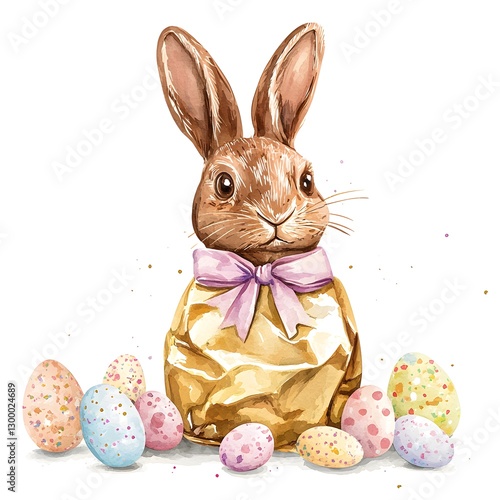Adorable Easter Bunny Surrounded by Decorated Eggs in Cheerful Springtime Scene