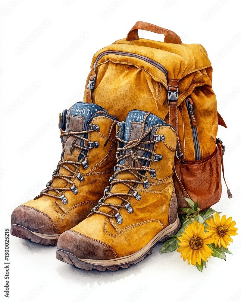 custom made wallpaper toronto digitalPair Of Yellow Hiking Boots And Backpack With Wildflowers