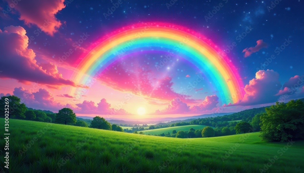 Vibrant arc spanning horizon, lush green trees below, high-resolution, background, resource Vibrant arc spanning horizon, lush green trees below, high-resolution, background, resource