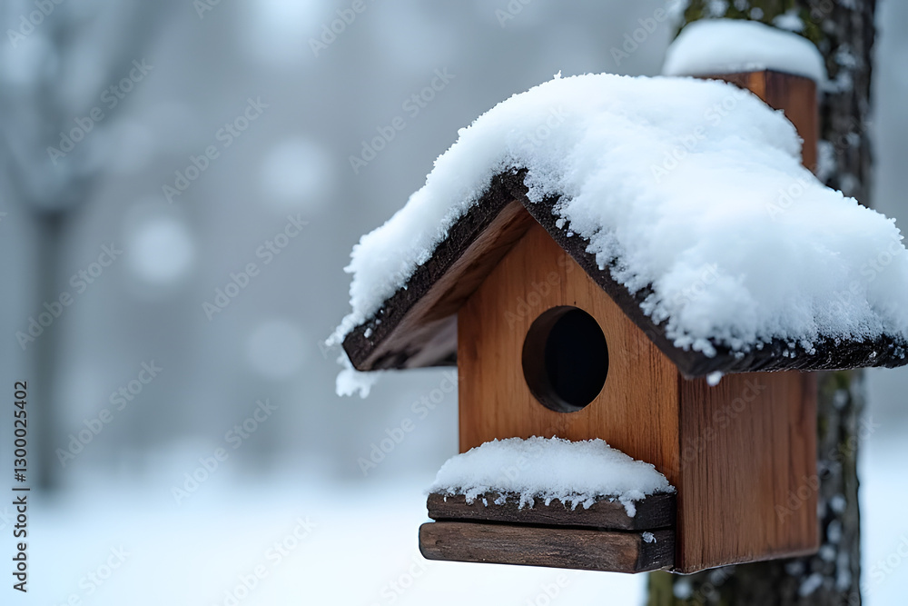 Rustic Snow-Covered Birdhouse in Winter Forest Rustic Snow-Covered Birdhouse in Winter Forest