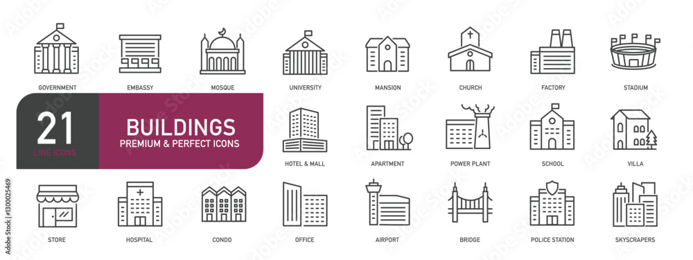 Set of line icons related to building, architecture, skyscraper. Outline icons collection. Editable stroke. Vector illustration Set of line icons related to building, architecture, skyscraper. Outline icons collection. Editable stroke. Vector illustration