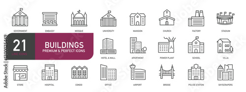 Set of line icons related to building, architecture, skyscraper. Outline icons collection. Editable stroke. Vector illustration