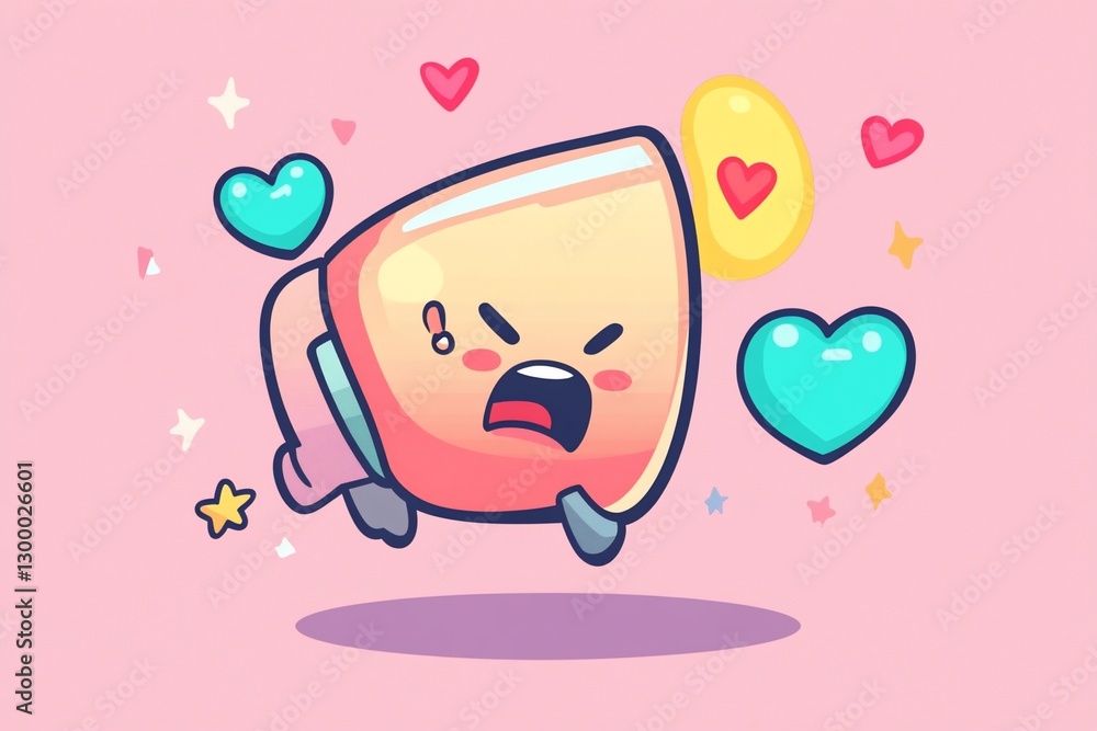 Angry cartoon character running, surrounded by hearts and stars. Angry cartoon character running, surrounded by hearts and stars.