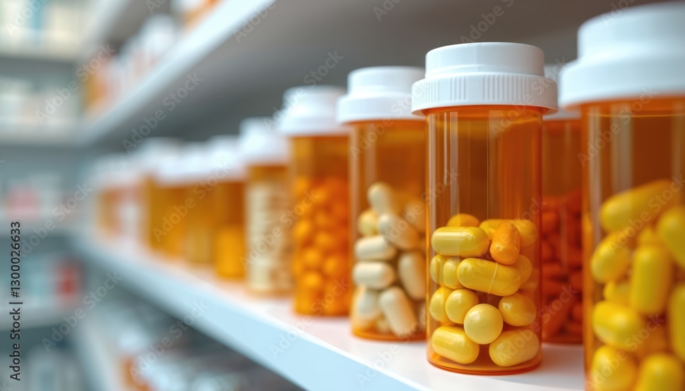 Bottles of pills arranged on shelf at drugstore. Orange containers with colorful medicine vitamin tablets, capsules. Healthcare, medication, supplements in chemist shop pharmacy. Illness treatment Bottles of pills arranged on shelf at drugstore. Orange containers with colorful medicine vitamin tablets, capsules. Healthcare, medication, supplements in chemist shop pharmacy. Illness treatment