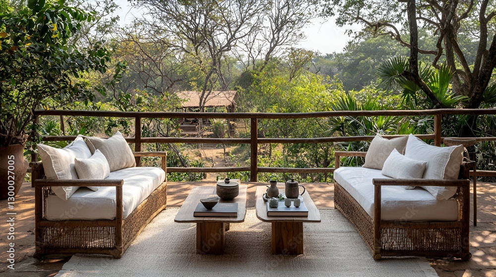 Fototapeta premium Outdoor patio furniture overlooking jungle landscape. Potential use Stock photo for interior design, travel, nature, or luxury living
