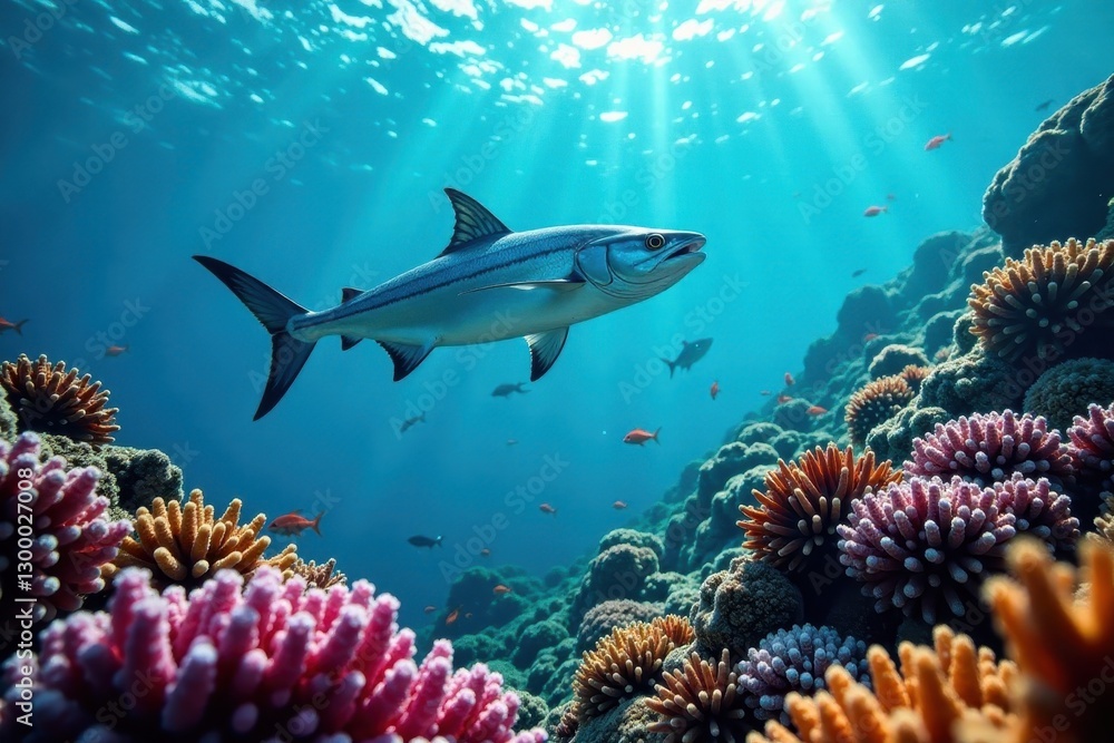 Fototapeta premium Silver barracuda school over vibrant coral reef, stock photo, scuba, group