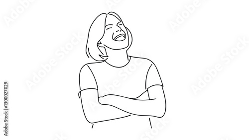 Happy Woman Line Art Laughing, Joyful, Smiling, Portrait, Outline, Arms Crossed, Bob Haircut, Simple