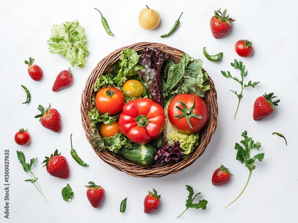 Fresh vegetables and fruits in a wicker basket, arranged on a white background. Fresh vegetables and fruits in a wicker basket, arranged on a white background.