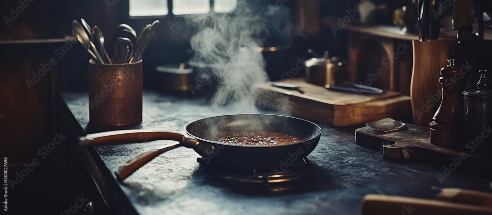 Steaming food in a pan on a rustic kitchen counter. Steaming food in a pan on a rustic kitchen counter.