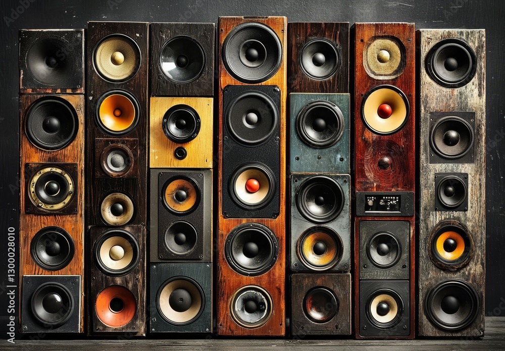 Obraz premium Rustic speakers arranged neatly in a linear fashion.