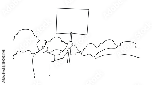 Man Holding Blank Sign, Outdoor Protest, Single Line Art, Peaceful Demonstration