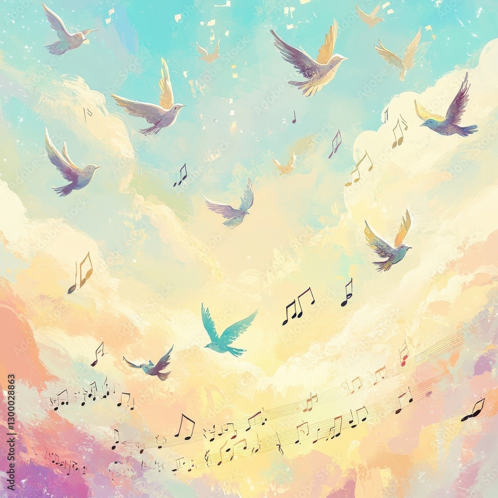 Artistic image depicting birds flying with musical notes in the sky Artistic image depicting birds flying with musical notes in the sky