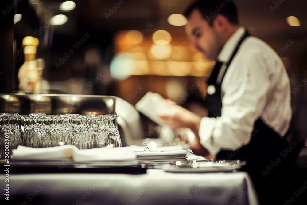 A server efficiently manages orders in a busy restaurant environment. A server efficiently manages orders in a busy restaurant environment.