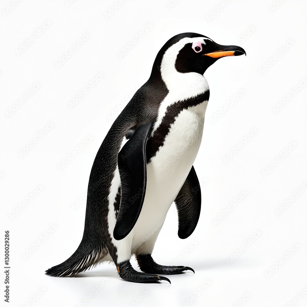 Obraz premium African penguin standing on transparent backdrop. Black-and-white aquatic bird with tuxedo-like plumage. Cute, small, flightless swimmer ideal for educational materials, wildlife presentations,